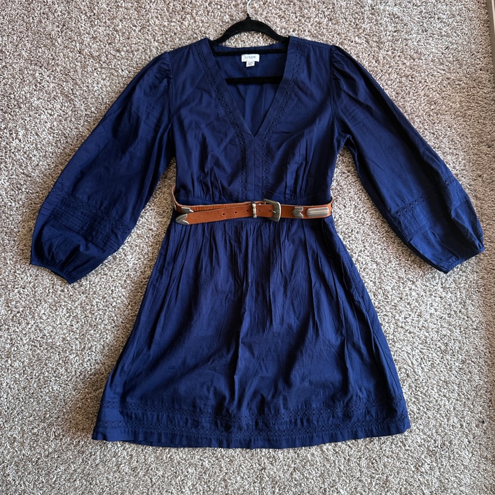 J. Crew Cottagecore Western Dress 100% Cotton Deep Navy Blue 3/4 Sleeve Dress
